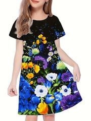 Flower Print Short Sleeve Dress for Summer Party