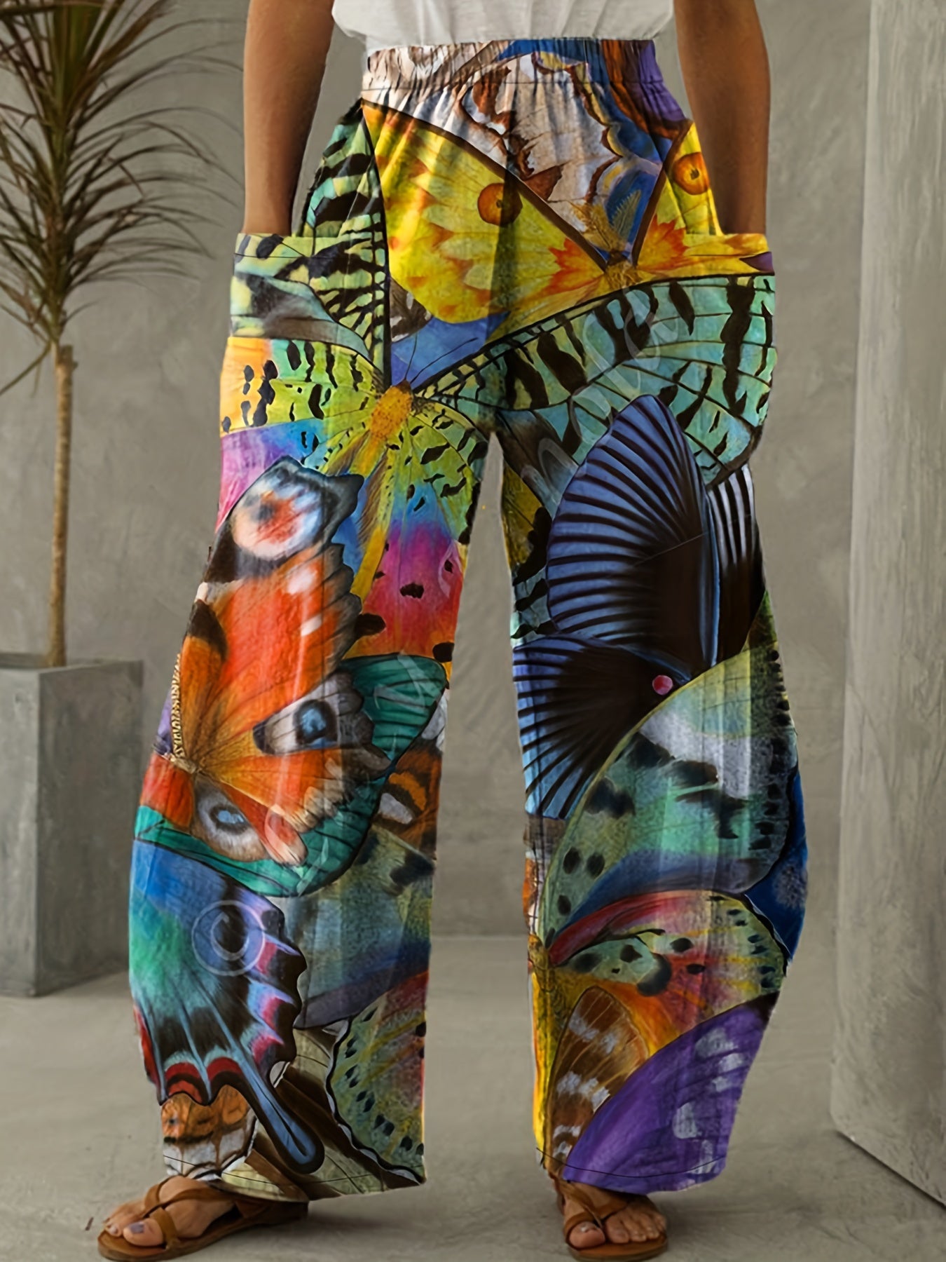 Butterfly Print Wide Leg Mid Rise Pants Women's Plus Street Style