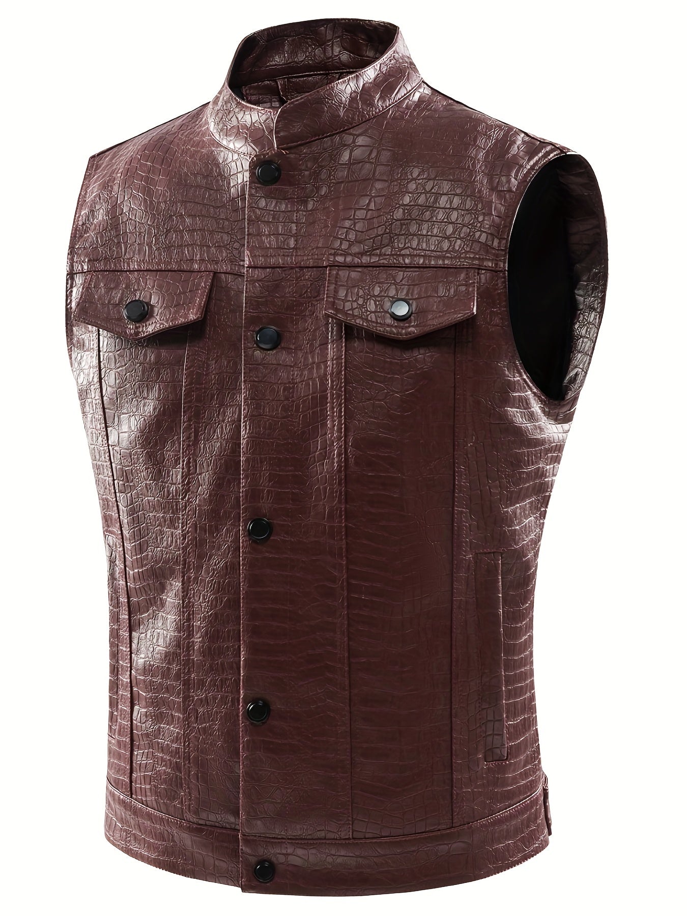 Men's Casual PU Leather Vest Button Up Lapel Sleeveless Punk Style