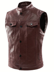 Men's Casual PU Leather Vest Button Up Lapel Sleeveless Punk Style