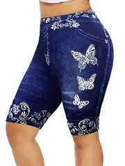 Denim & Butterfly Print High Rise Skinny Shorts
