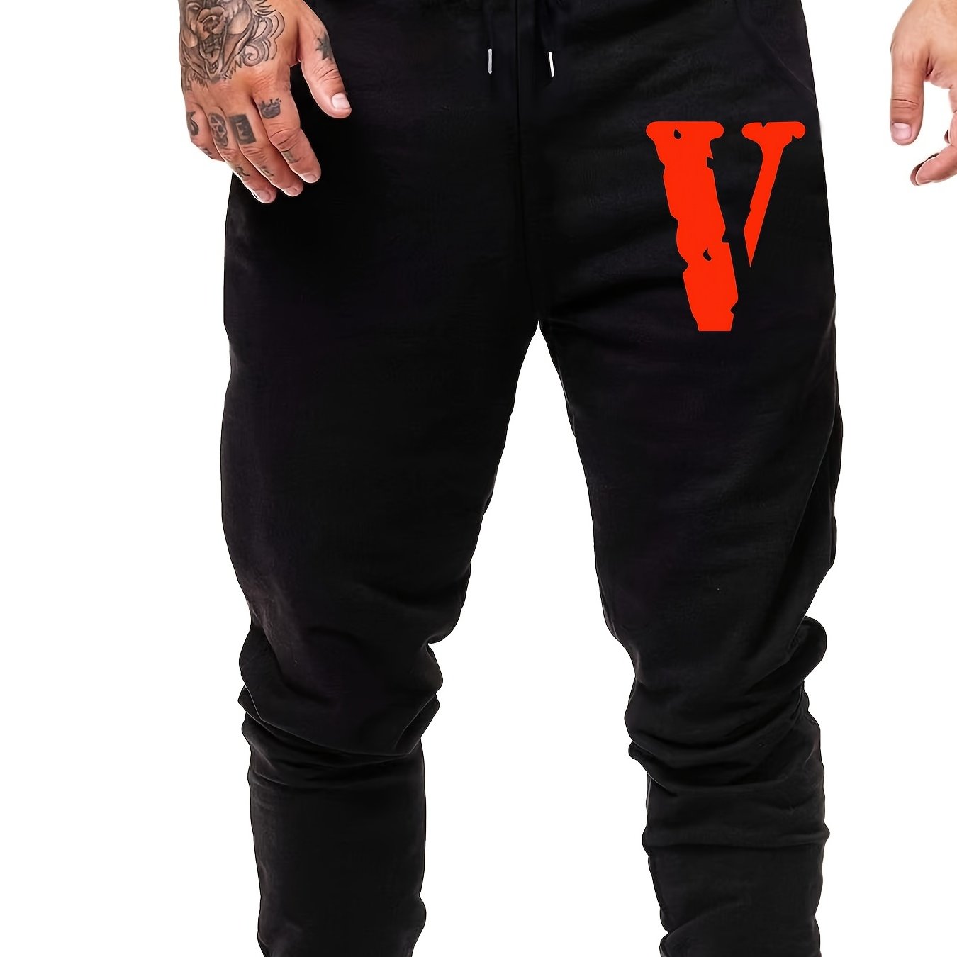 Men s Big V Print Drawstring Sweatpants Elastic Waist Jogger Pants