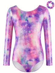 Girls 3D Starry Sky Graphic Crew Neck Long Sleeve Ballet Leotard