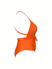 Solid Deep V Neck One Piece Swimsuit With Belt