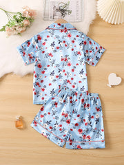 Girls Flowers Pajamas Set Short Sleeve Top & Shorts Sleepwear