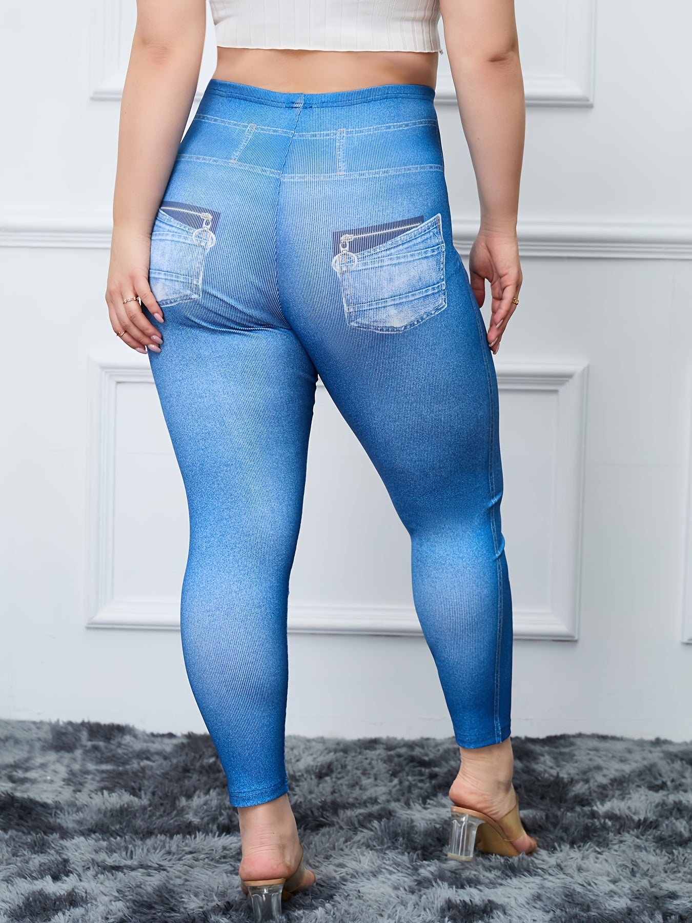 Ripped & Denim Print High Rise Skinny Leggings Women's Plus