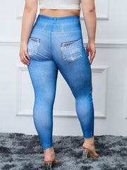 Ripped & Denim Print High Rise Skinny Leggings Women's Plus