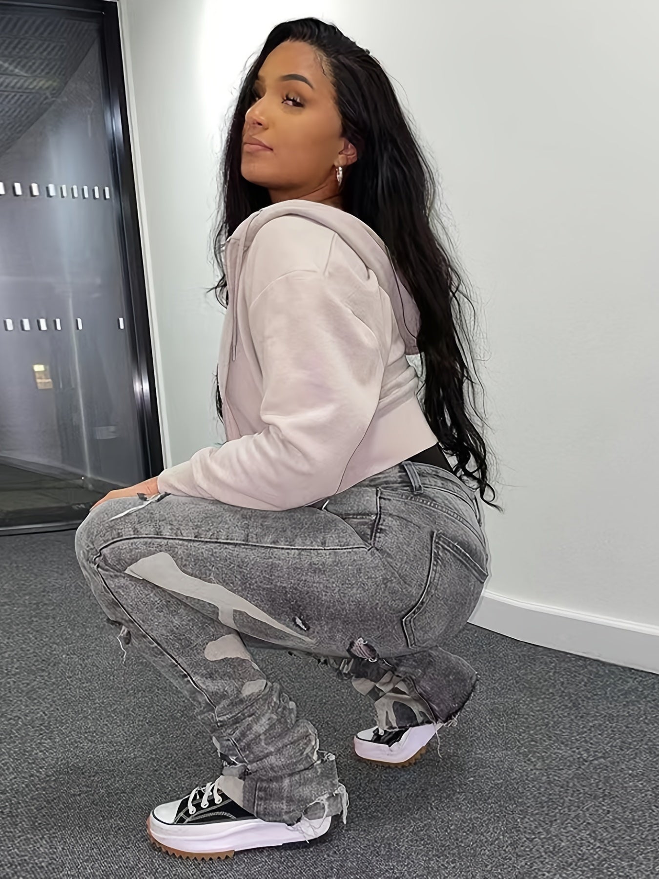 Grey Ripped Holes High Stretch Denim Pants Women's Jeans