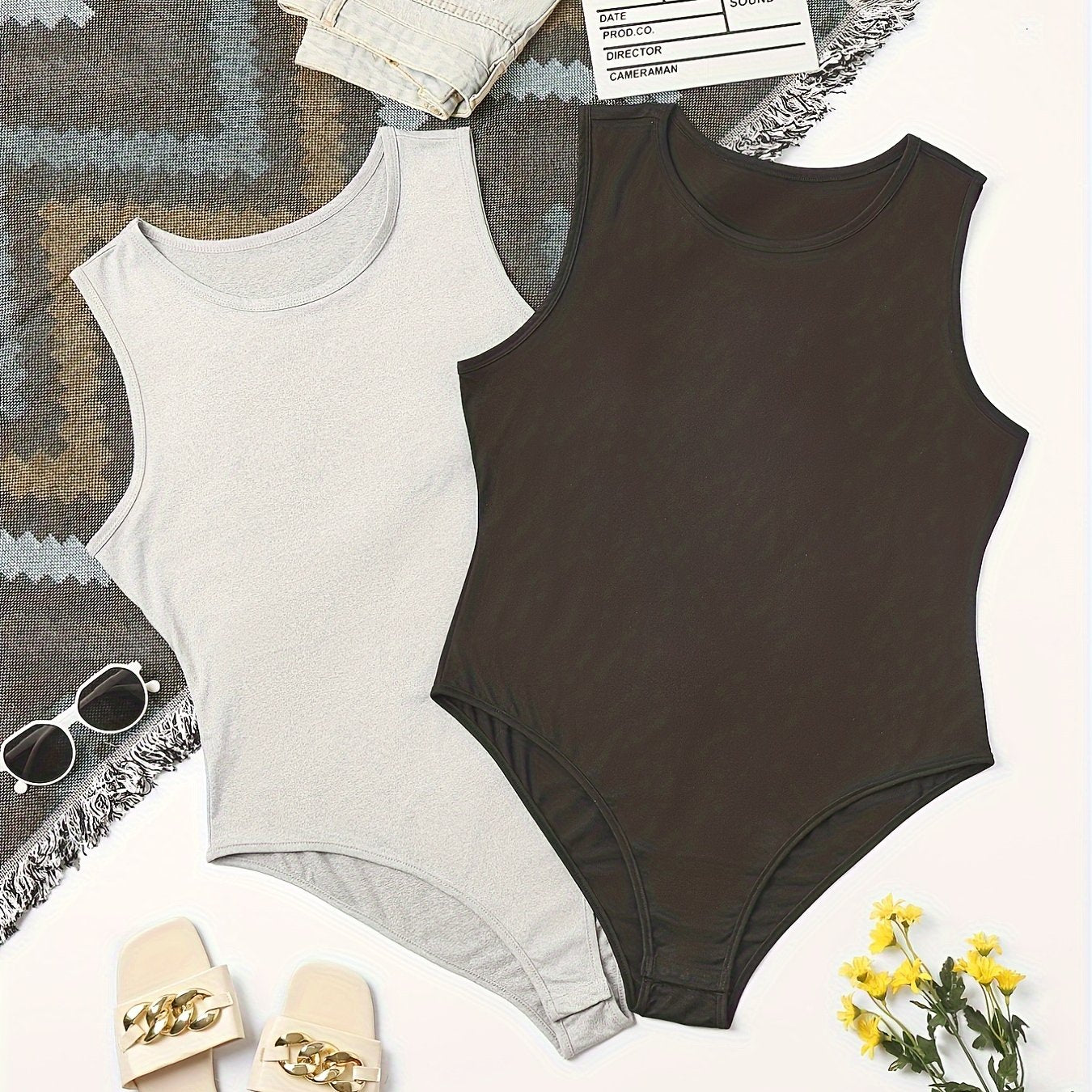 2 Pack Plus Size Casual Bodysuit Set Women's Plus Solid Crew Neck Two Piece Set
