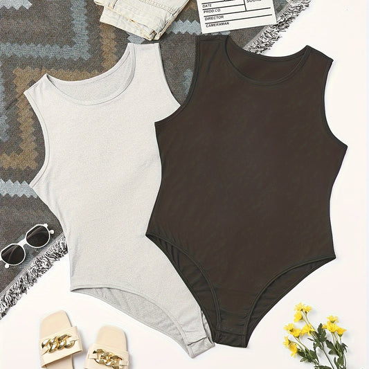 2 Pack Plus Size Casual Bodysuit Set Women's Plus Solid Crew Neck Two Piece Set