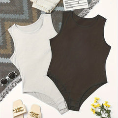 2 Pack Plus Size Casual Bodysuit Set Women's Plus Solid Crew Neck Two Piece Set