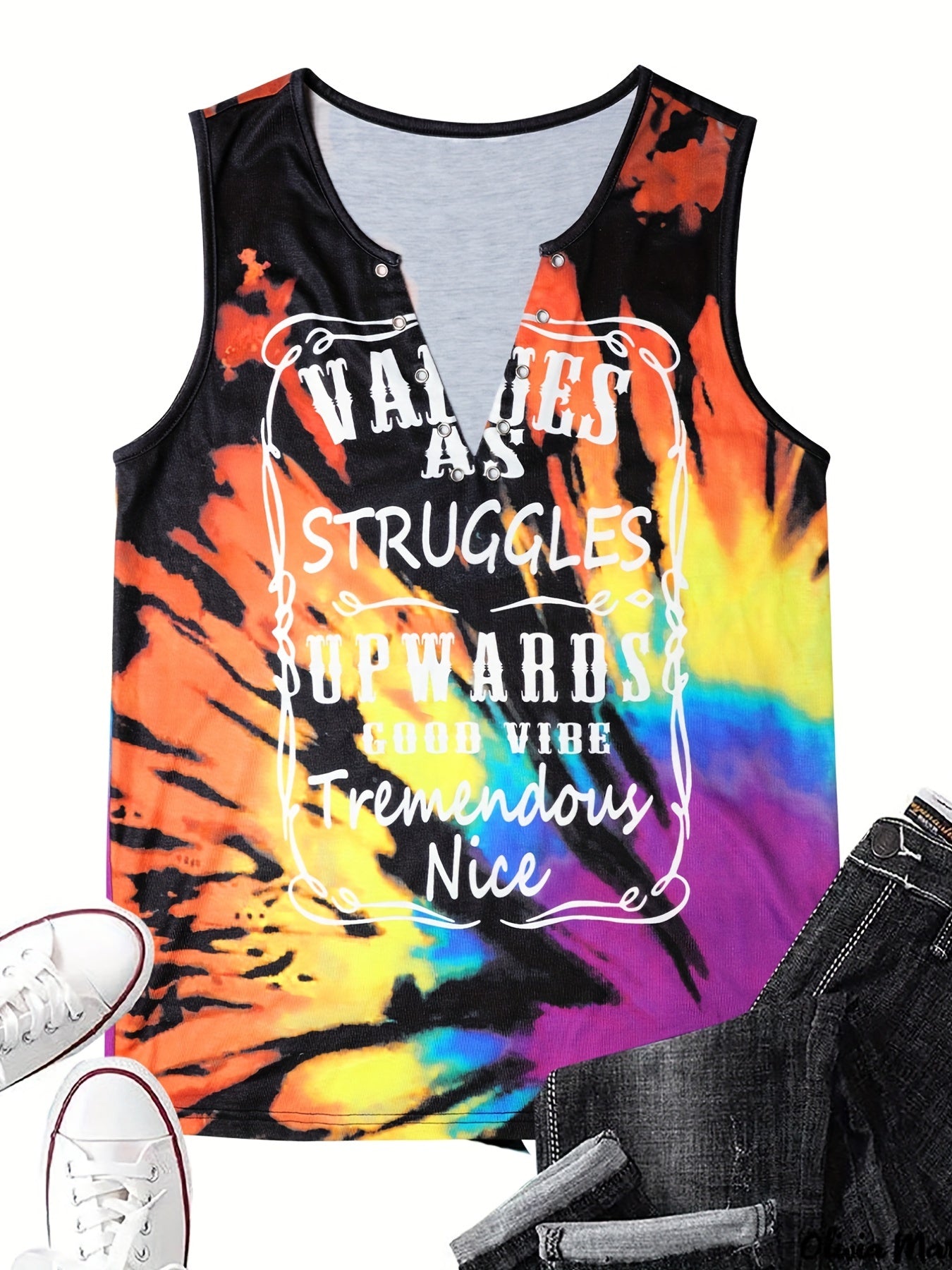 Letter Block Tank Top Notched Neck Sleeveless Summer Top