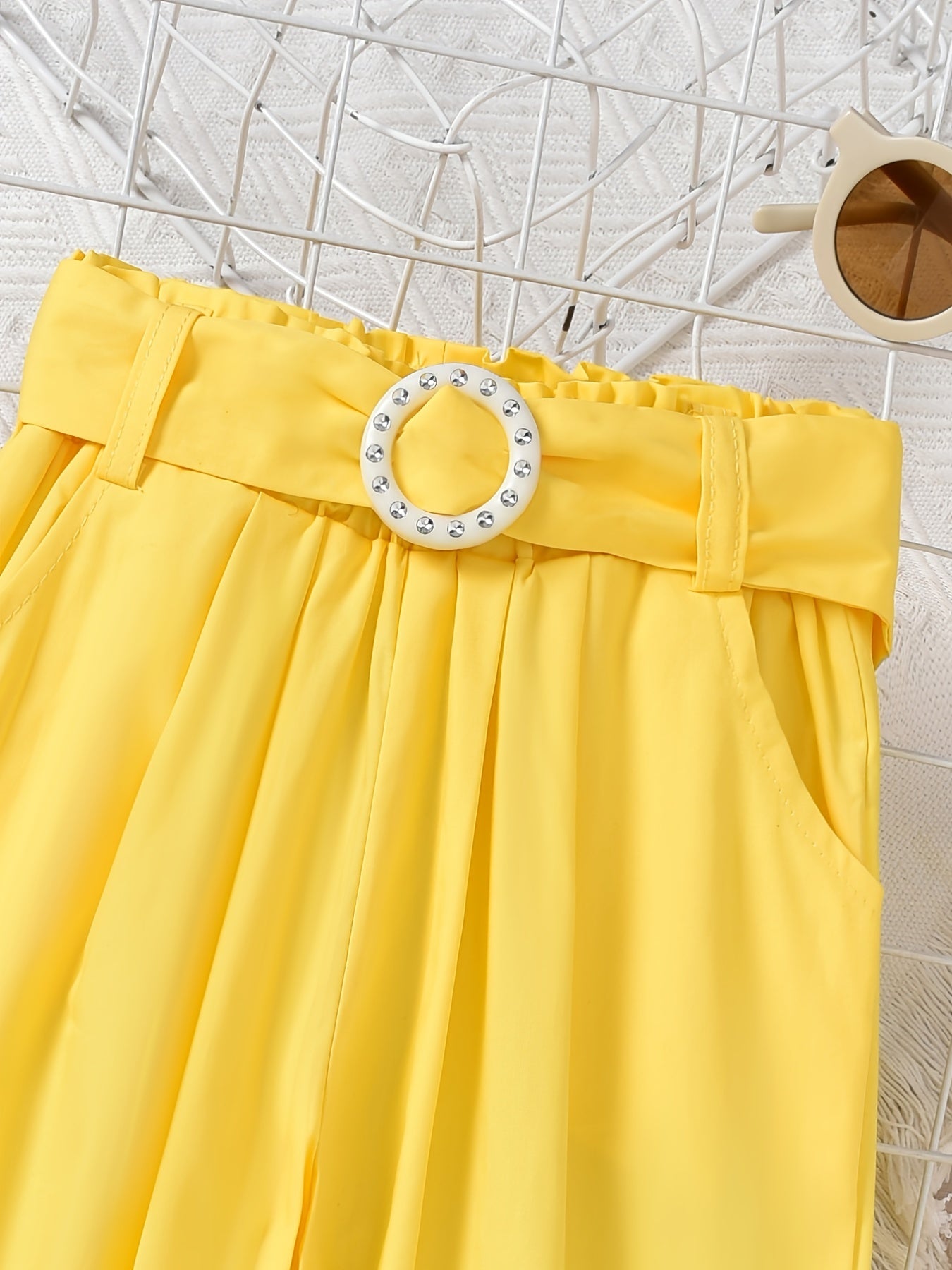 Girls Yellow Casual Trousers Elastic Waist Pocket Pants With Belt