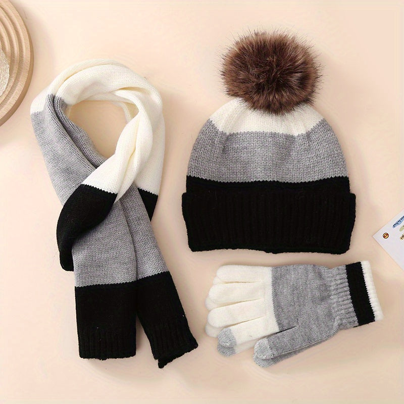 Boys Winter Warm Set Plus Velvet Knitted Hat Scarf Gloves