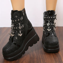 Geometric Pattern Wedge Heel Boots Side Zip Comfort Platform Short Boot