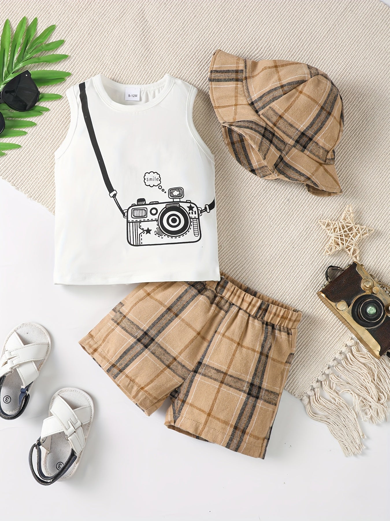 3pc Baby Boys Camera Print Tank Top Plaid Shorts Fisherman Hat Set