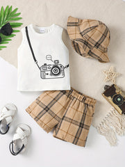 3pc Baby Boys Camera Print Tank Top Plaid Shorts Fisherman Hat Set