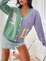Letter Pattern Knit Cardigan Button Front Sweater
