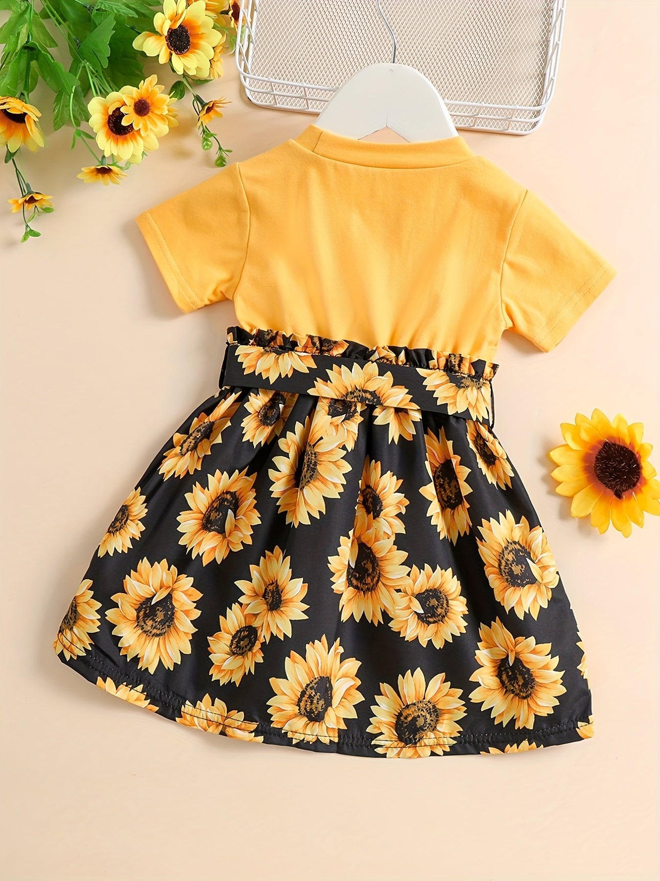 Baby Girls Sunflower Graphic Print Dress with Belt