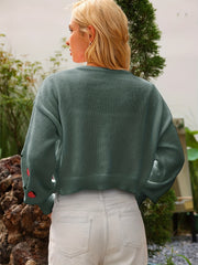 Strawberry Embroidered Crop Cardigan Crew Neck Long Sleeve