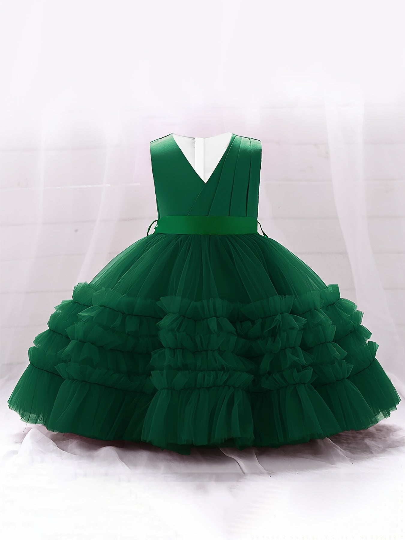 Girls Sleeveless V Neck Mesh Princess Dress with Bowknot Belt
