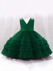 Girls Sleeveless V Neck Mesh Princess Dress with Bowknot Belt