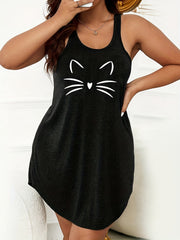 Cat Print Lounge Dress Crew Neck Sleeveless Home Dress Women's Loungewear