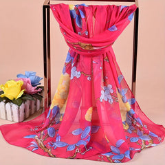 Branch Bird Print Chiffon Scarf Vintage Thin Shawl