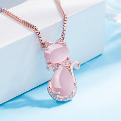 Rose Plated Quartz Pink Crystal Cat Pendant Necklace for Girls
