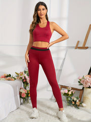Red Contrast Paneled Corset Bra & Leggings Set with Pockets
