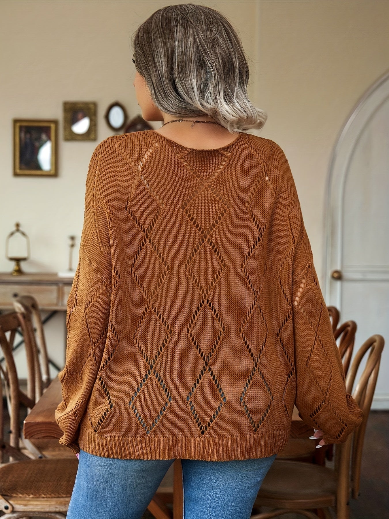 Solid Pointelle Long Sleeve V Neck Sweater