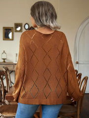Solid Pointelle Long Sleeve V Neck Sweater