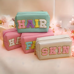 Chenille Letter Preppy Patch Makeup Bag Waterproof PU Leather Cosmetic Bag