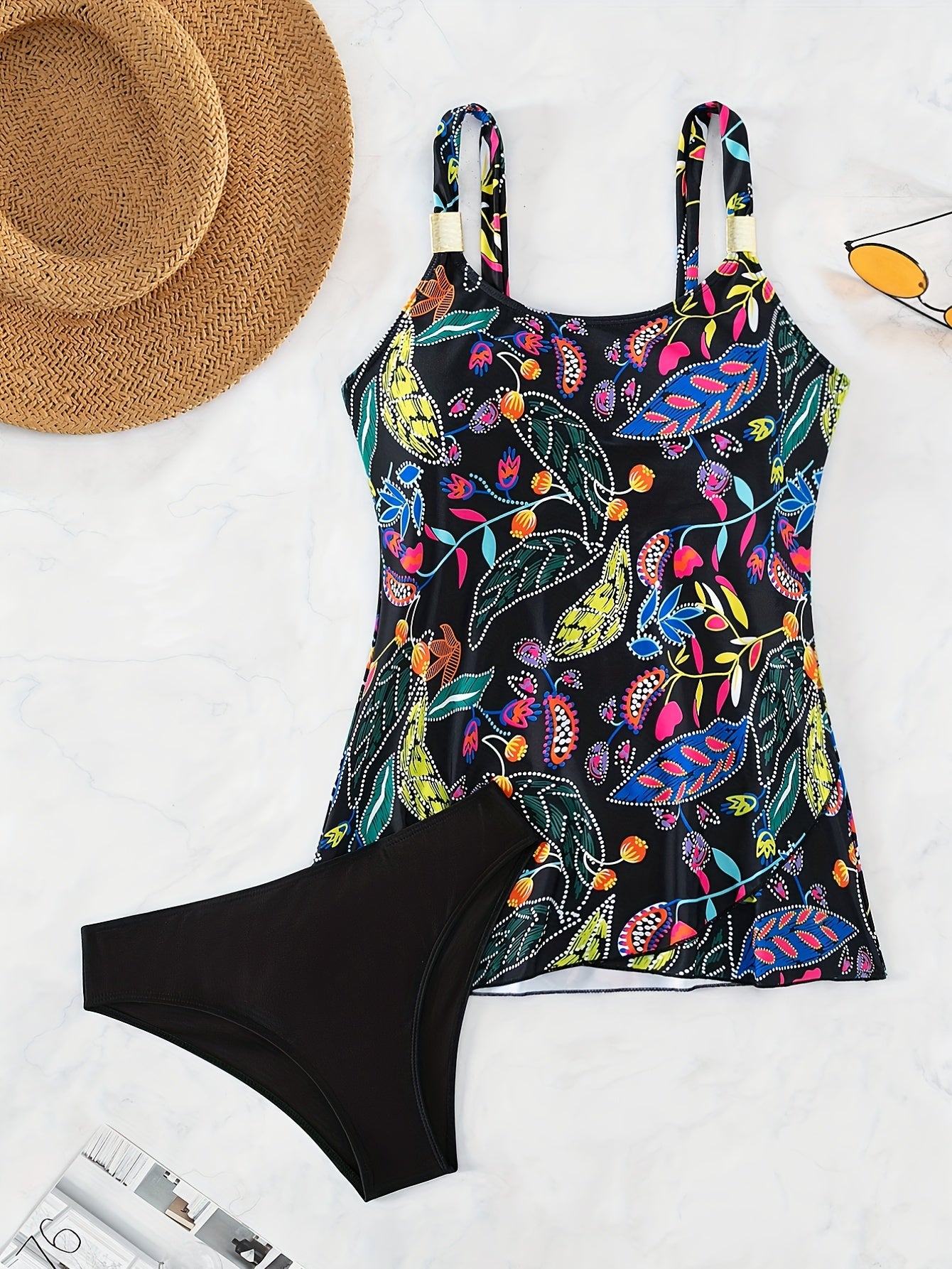 Floral Print Wide Straps Tankini Swimsuit Set Women's Swimwear