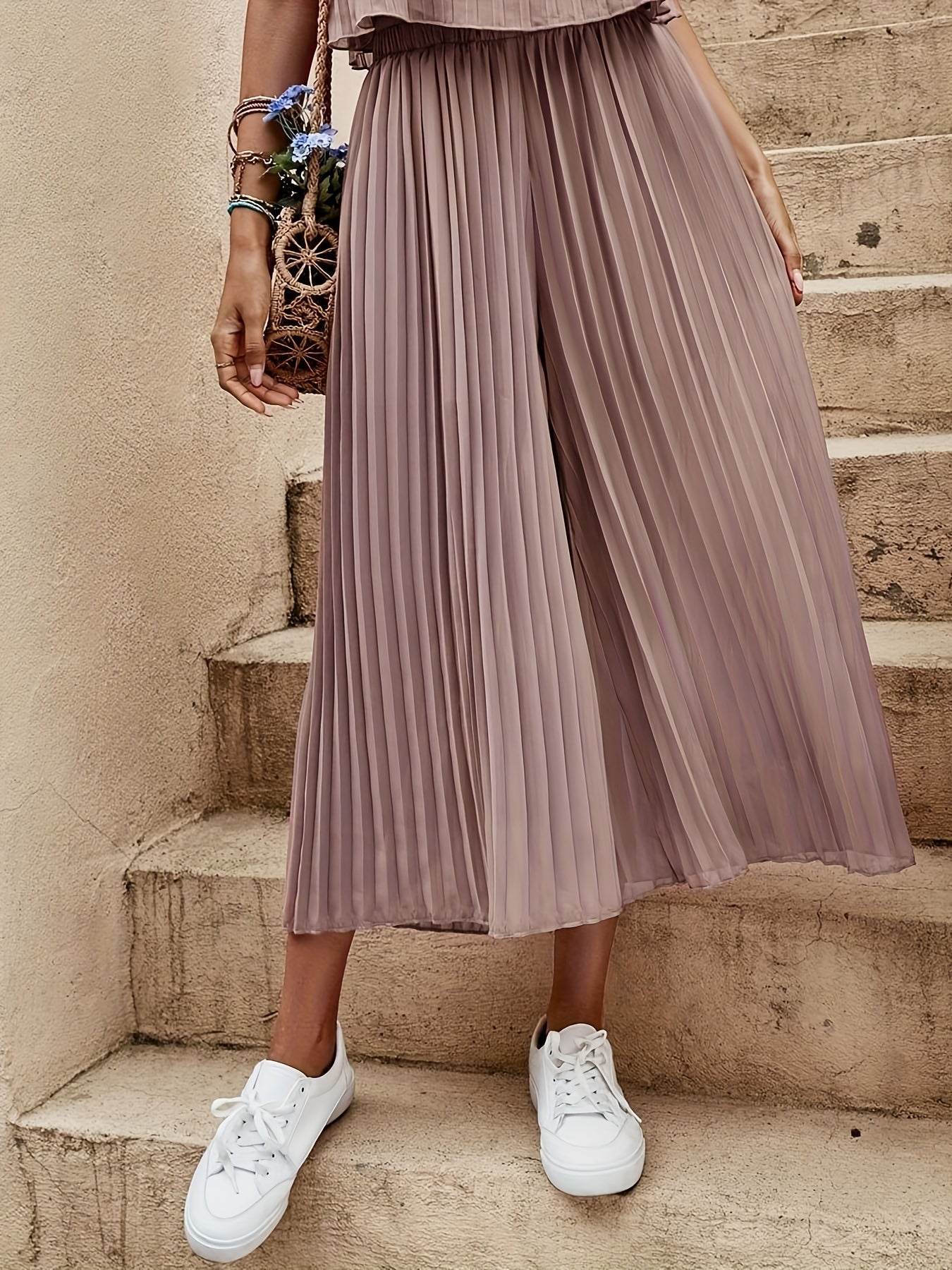 Solid Pleated Wide Leg Pants Cropped - Women's Clothing