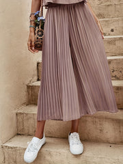Solid Pleated Wide Leg Pants Cropped - Women's Clothing