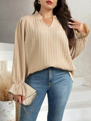 Solid Ribbed Bell Sleeve Blouse Mock Neck Top