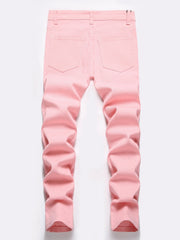 Men Pink Graphic Patch Detail Ripped Frayed Jeans