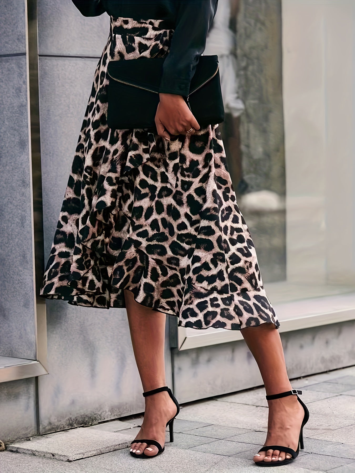 Leopard Print Ruffle Trim Skirt Boho Tie Waist Skirt