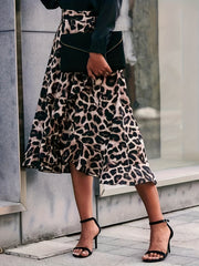 Leopard Print Ruffle Trim Skirt Boho Tie Waist Skirt