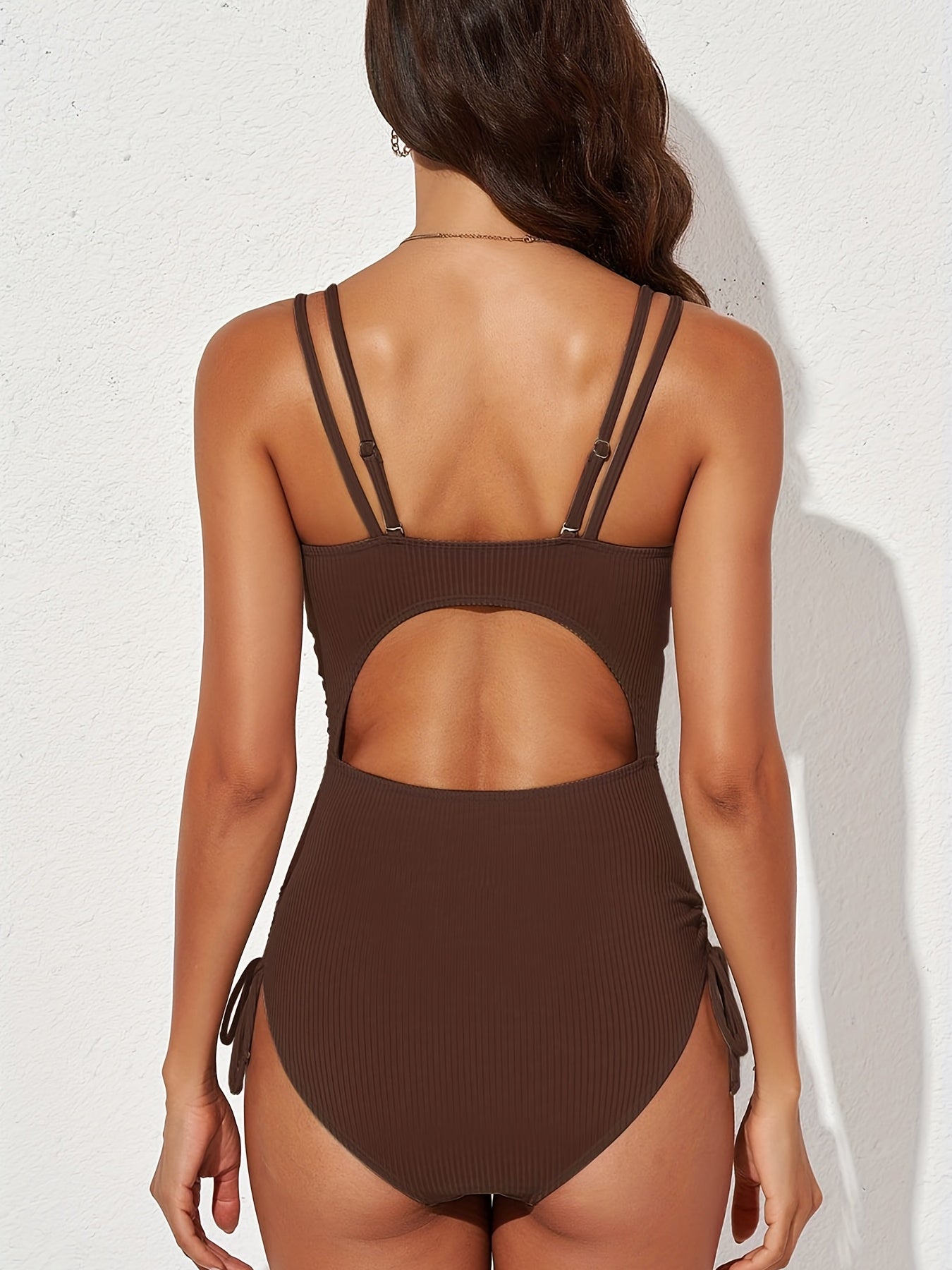 Rib Knit One Piece Swimsuit V Neck Cut Out Drawstring Straps