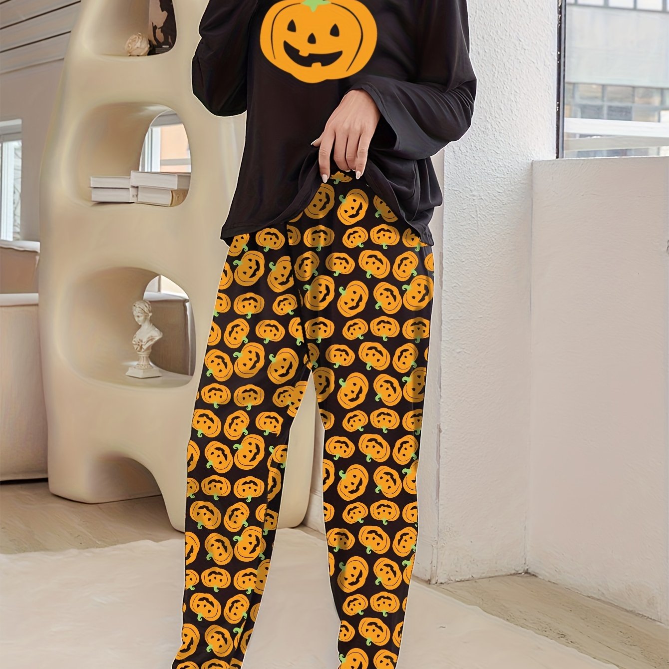 Pumpkin Print Pajama Set Long Sleeve Top & Pants Women's Sleepwear