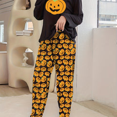Pumpkin Print Pajama Set Long Sleeve Top & Pants Women's Sleepwear