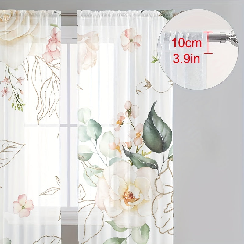 Rose Pattern Sheer Curtain Rod Pocket for Home Decor