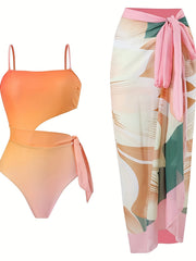 Ombre Floral Print Swimsuit Square Neck Cut Out Tie Side High Cut