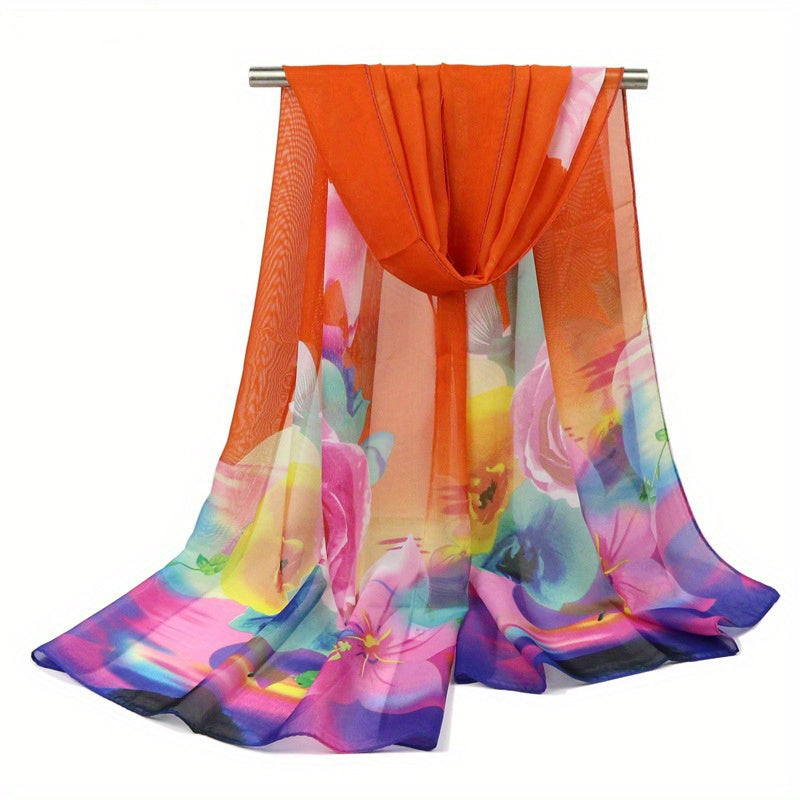 Rose Printed Chiffon Silky Scarf Long Shawl Beach Scarf