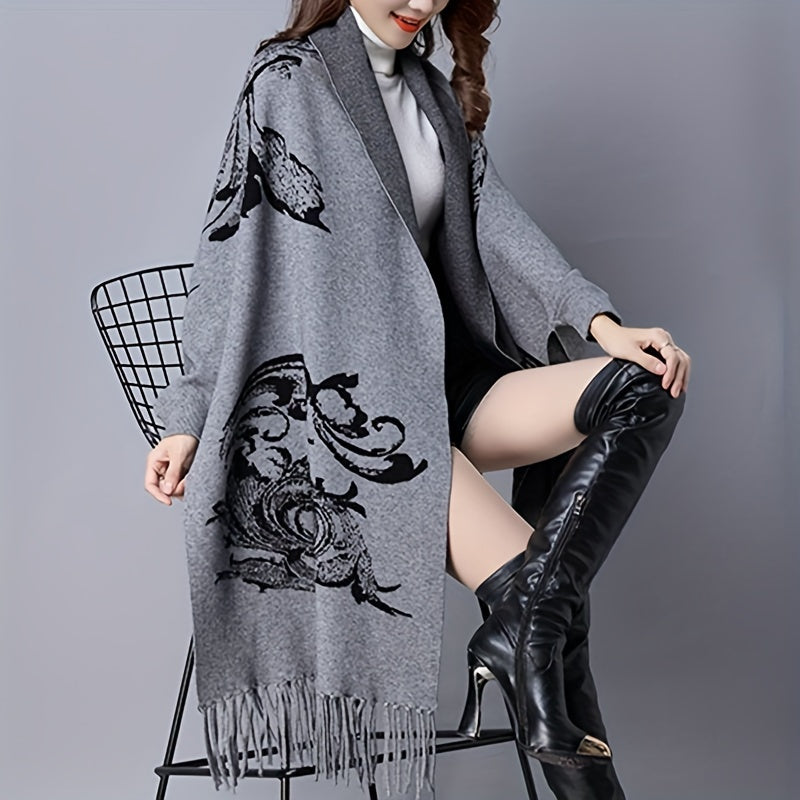 Vintage Jacquard Shawl Large Blanket Cardigan with Tassel Cape