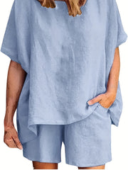Solid Short Sleeve Tee & Pocketed Shorts Two Piece Set
