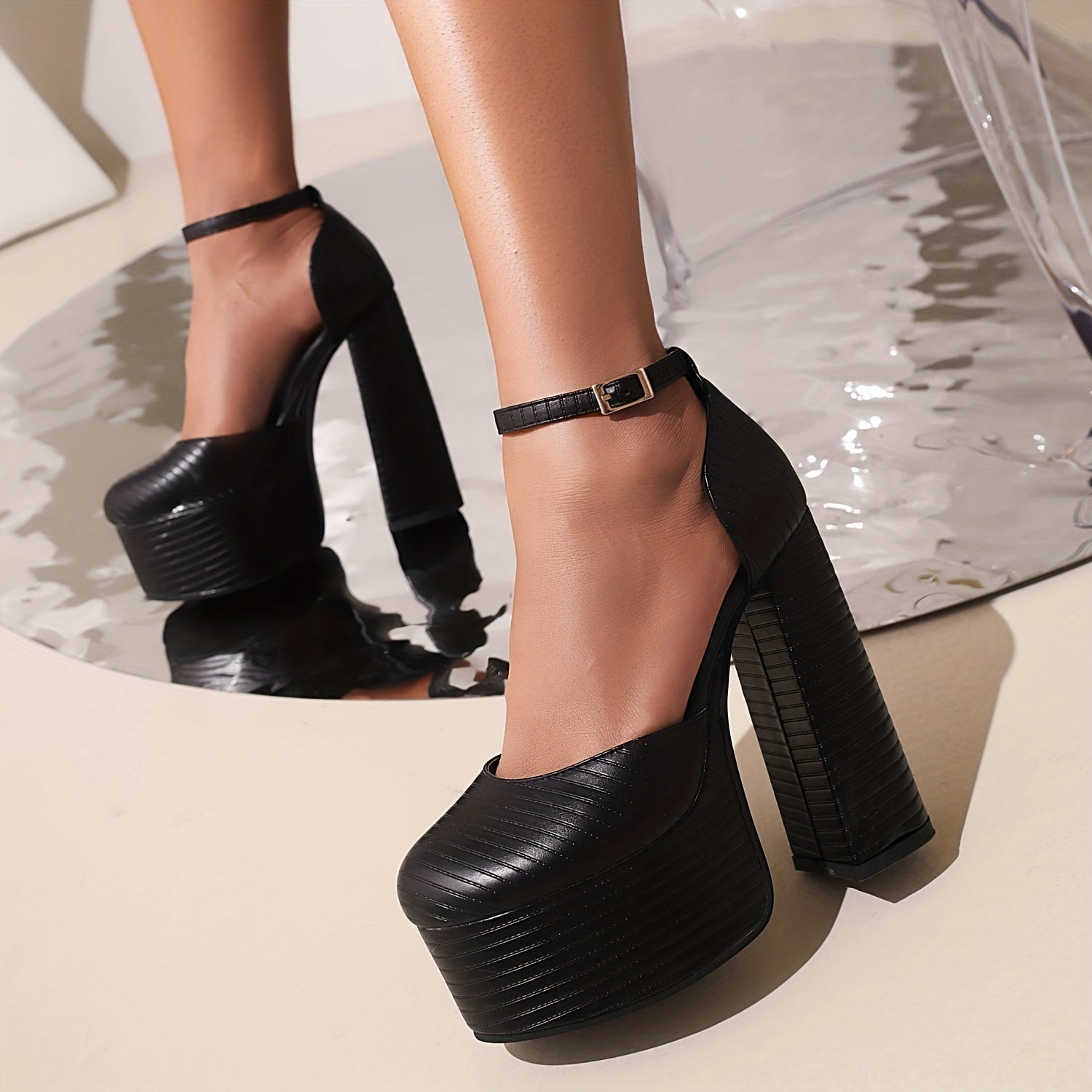 Women's Block Heel Platform Pumps with Buckle Strap