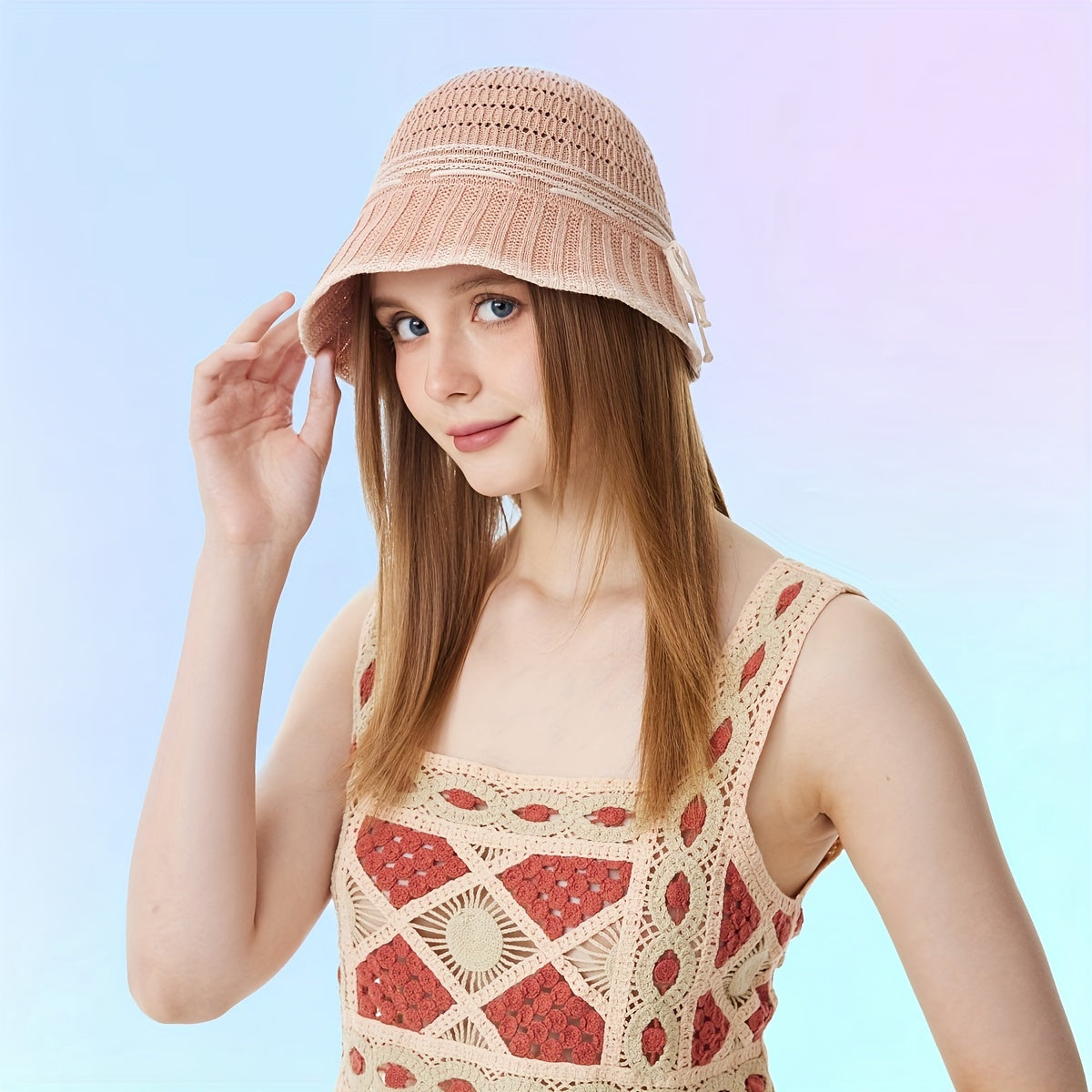 Hollow Out Bucket Hat Knitted Bowknot Decor Casual Thin Breathable Beach Hat